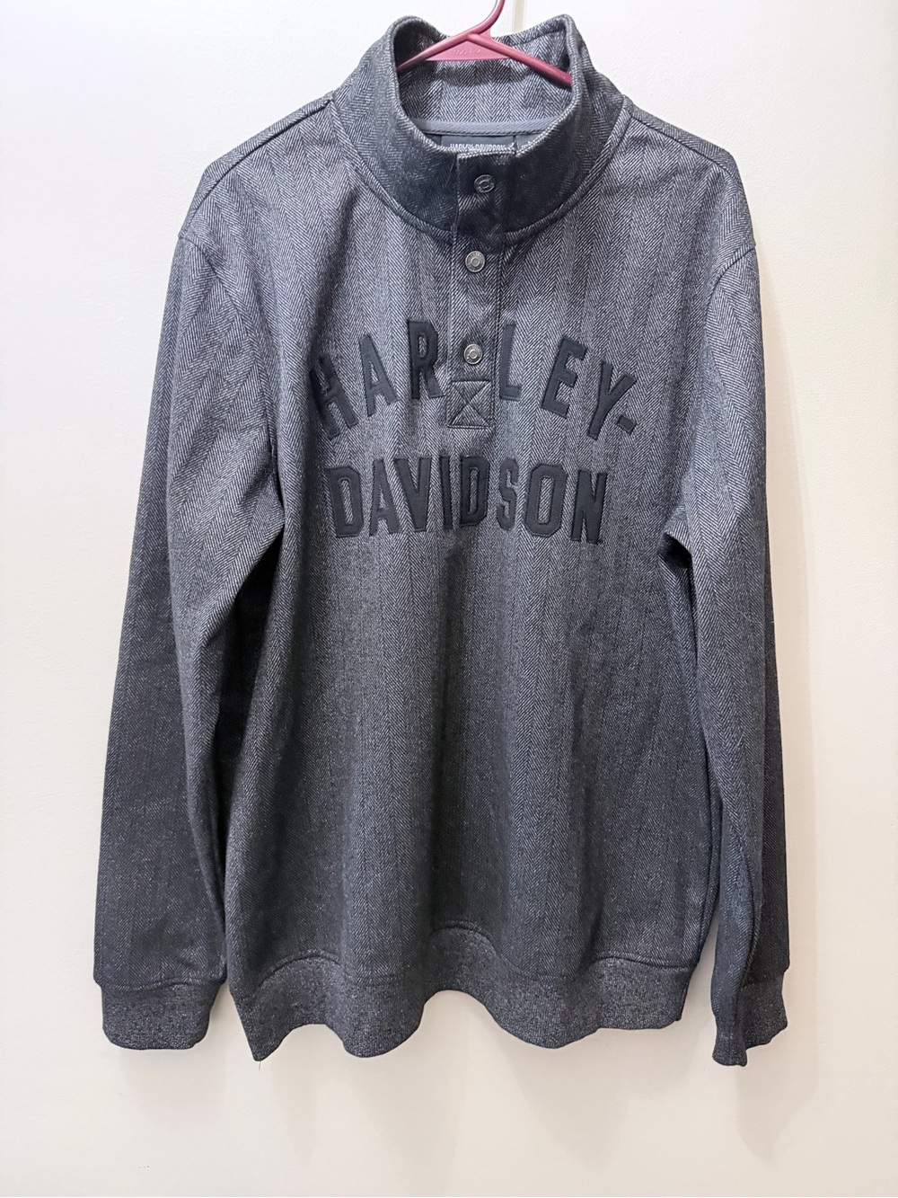 Harley Davidson HD Fireside Pull Over 1/4 Button Striped Gray Sweater Men’s L